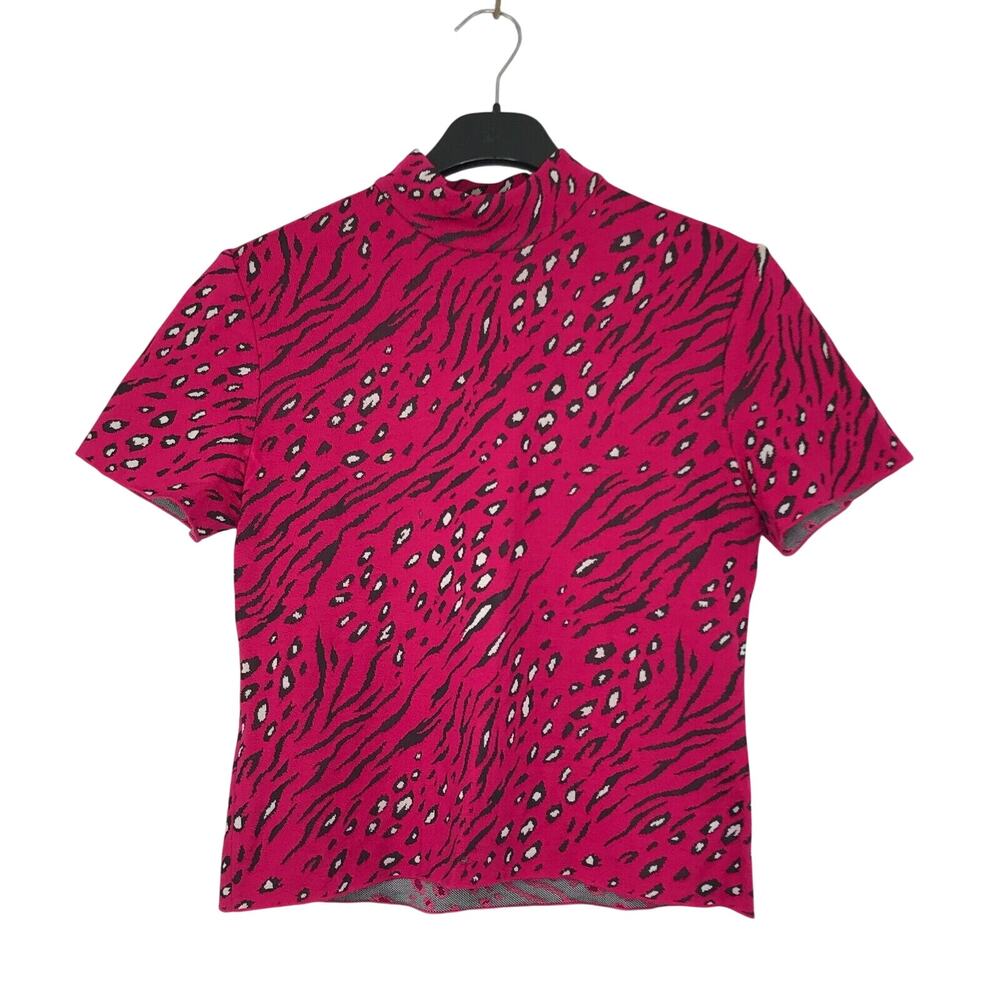 St John Women's Small Petite Shirt Pink Animal Print Mock Neck Short Sleeve BZ27